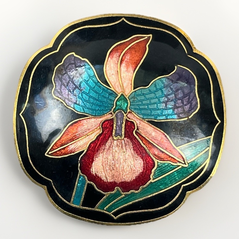 Vintage Cloisonne Orchid Belt Buckle Bolo Tie Enamel Bold Colors Pink Blue Green
